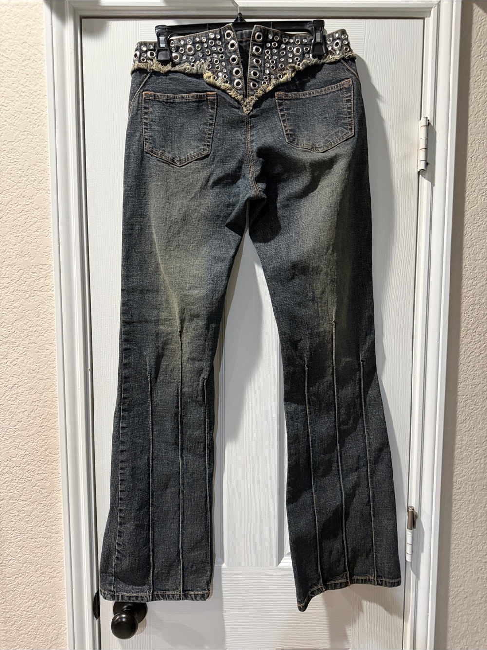 Bebe Washed Western Cowgirl Flare low rise Jeans with jewel Grommet corset Waist - Picture 5 of 9